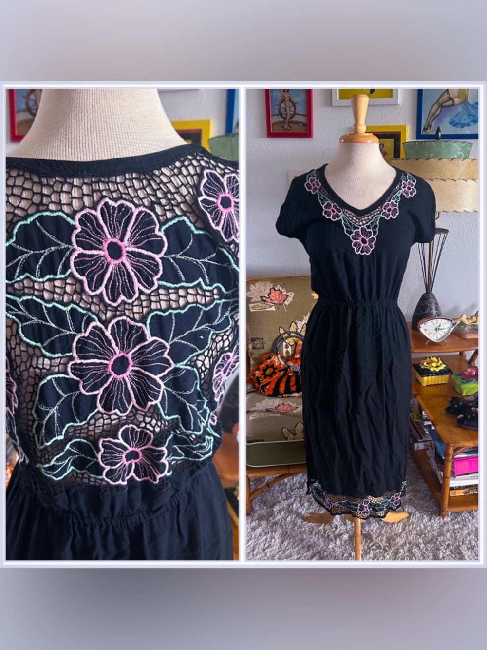 Vintage 1940s Style Dress | Black | Floral | Embroidered | S M | 40s 80s | Bali